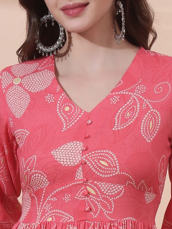 Globus Women Pink Floral Printed V-Neck Bishop Sleeves Smocked Fit & Flare Pleated Maxi Fusion Dress