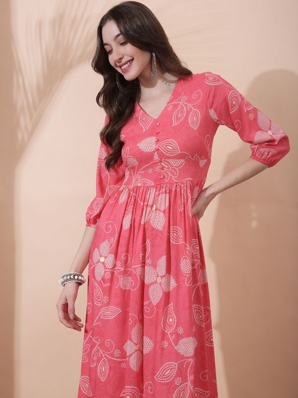 Globus Women Pink Floral Printed V-Neck Bishop Sleeves Smocked Fit & Flare Pleated Maxi Fusion Dress