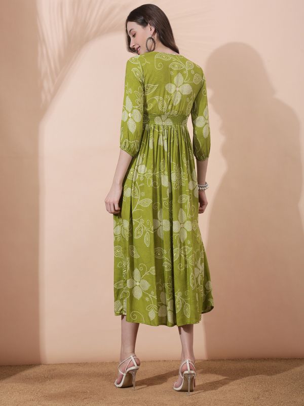 Globus Women Green Floral Printed V-Neck Bishop Sleeves Smocked Fit & Flare Pleated Maxi Fusion Dress