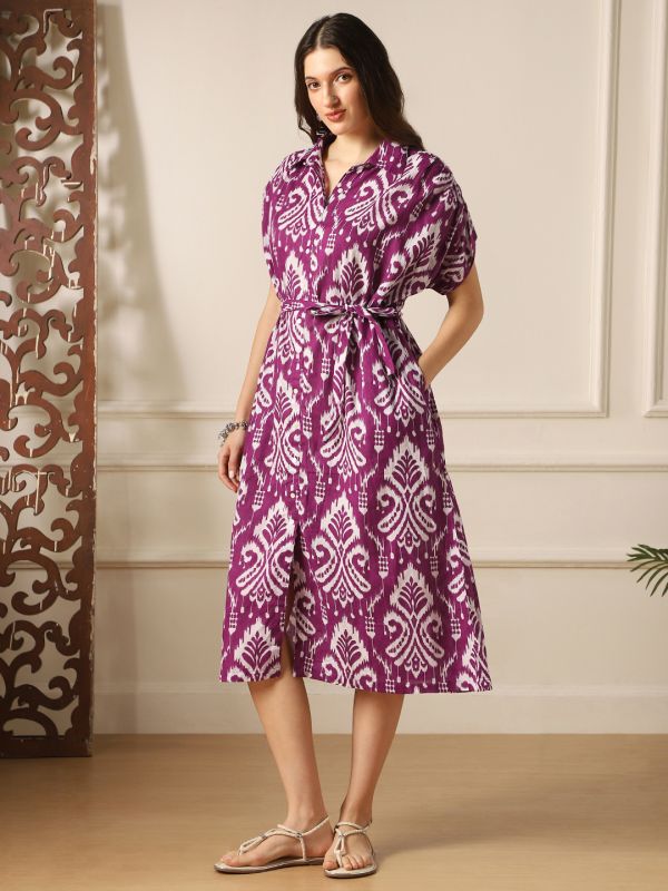 Globus Women Purple Ethnic Print Collared Neck Extended Sleeves Belted Shirt Style Midi Dress