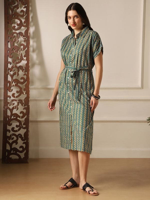 Globus Women Green Ethnic Print Collared Neck Extended Sleeves Belted Shirt Style Midi Dress