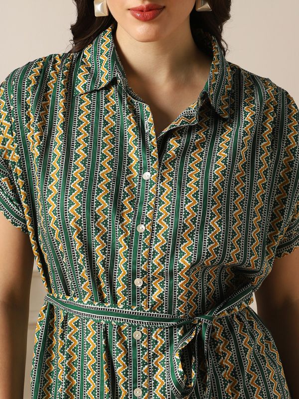 Globus Women Green Ethnic Print Collared Neck Extended Sleeves Belted Shirt Style Midi Dress