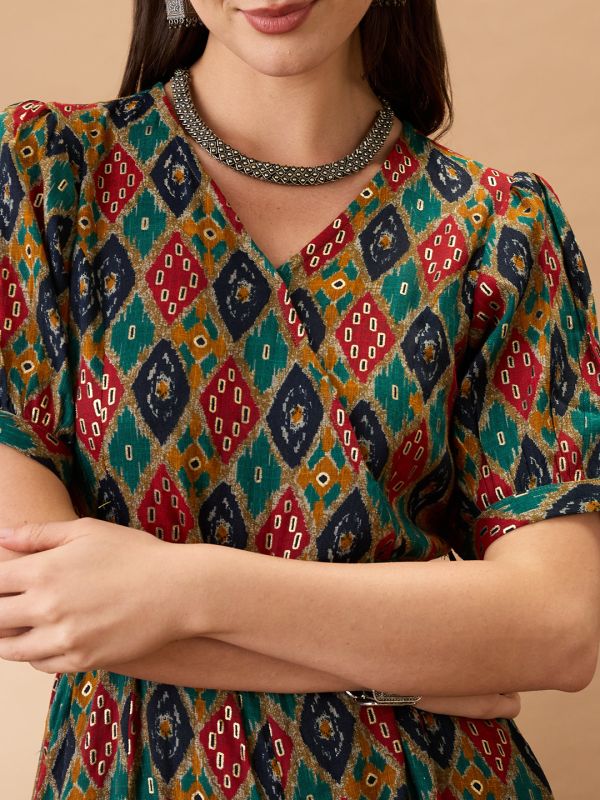 Globus Women Multi Color Wrap V-Neck Puff Sleeves Ethnic Motifs Print Flared Wide Leg Fusion Jumpsuit with Belt