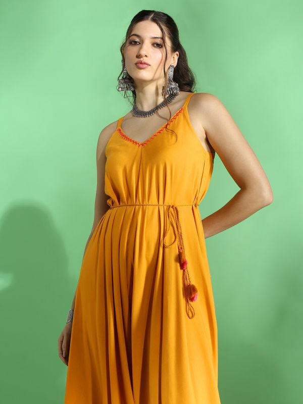 Globus Women Mustard Embroidered V-Neck Strappy Sleeve Waist Tie-Up Asymmetric Flared Hem Fusion Jumpsuit