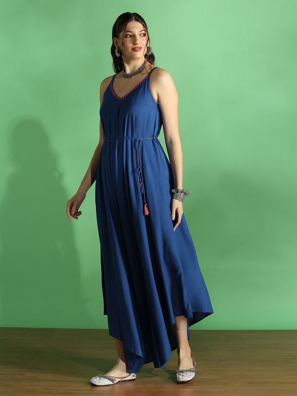Globus Women Indigo Embroidered V-Neck Strappy Sleeve Waist Tie-Up Asymmetric Flared Hem Fusion Jumpsuit