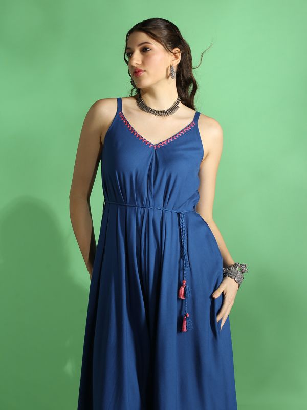 Globus Women Indigo Embroidered V-Neck Strappy Sleeve Waist Tie-Up Asymmetric Flared Hem Fusion Jumpsuit
