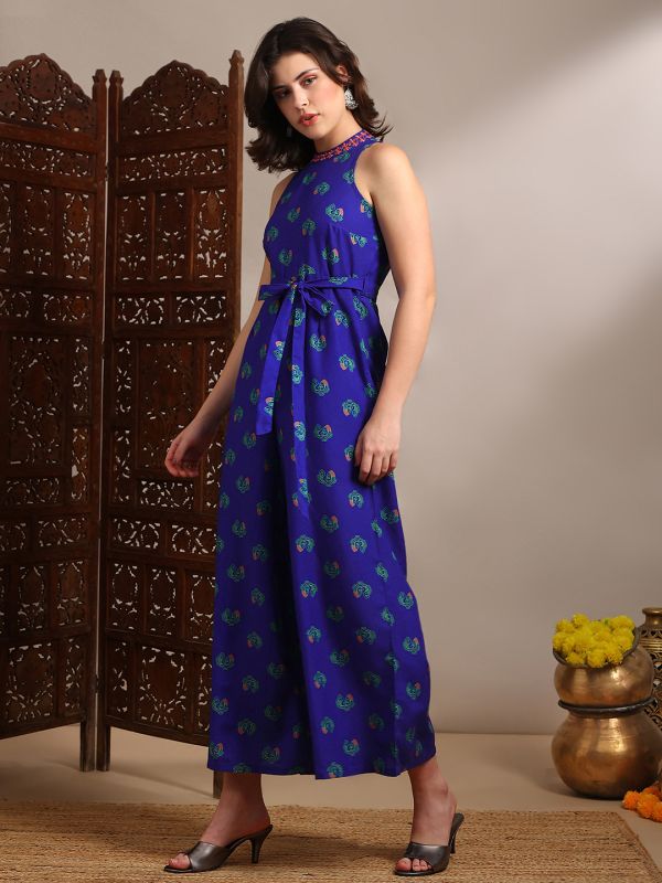 Globus Women Blue Halter Neck Embroidered Detail Tribal Print Belted Wide Flared Fusion Jumpsuit