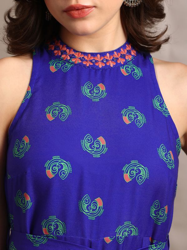 Globus Women Blue Halter Neck Embroidered Detail Tribal Print Belted Wide Flared Fusion Jumpsuit