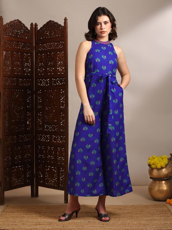 Globus Women Blue Halter Neck Embroidered Detail Tribal Print Belted Wide Flared Fusion Jumpsuit