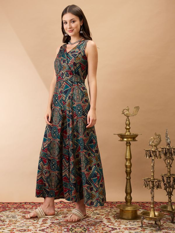 Globus Women Navy Blue Wrap V-Neck Sleeveless Tribal Print Flared Wide Leg Fusion Jumpsuit with Belt