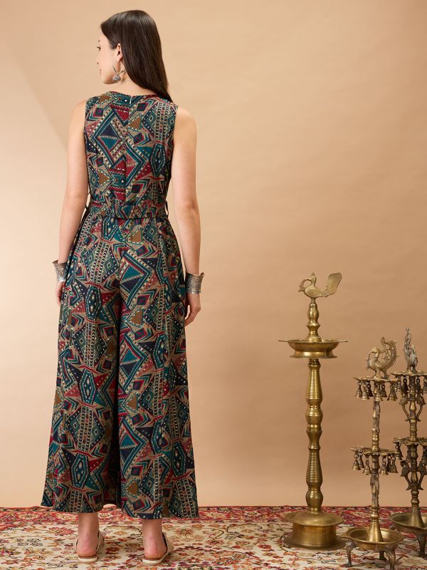 Globus Women Navy Blue Wrap V-Neck Sleeveless Tribal Print Flared Wide Leg Fusion Jumpsuit with Belt