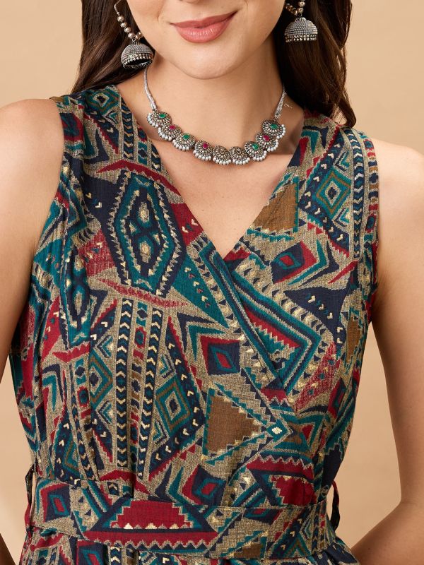 Globus Women Navy Blue Wrap V-Neck Sleeveless Tribal Print Flared Wide Leg Fusion Jumpsuit with Belt