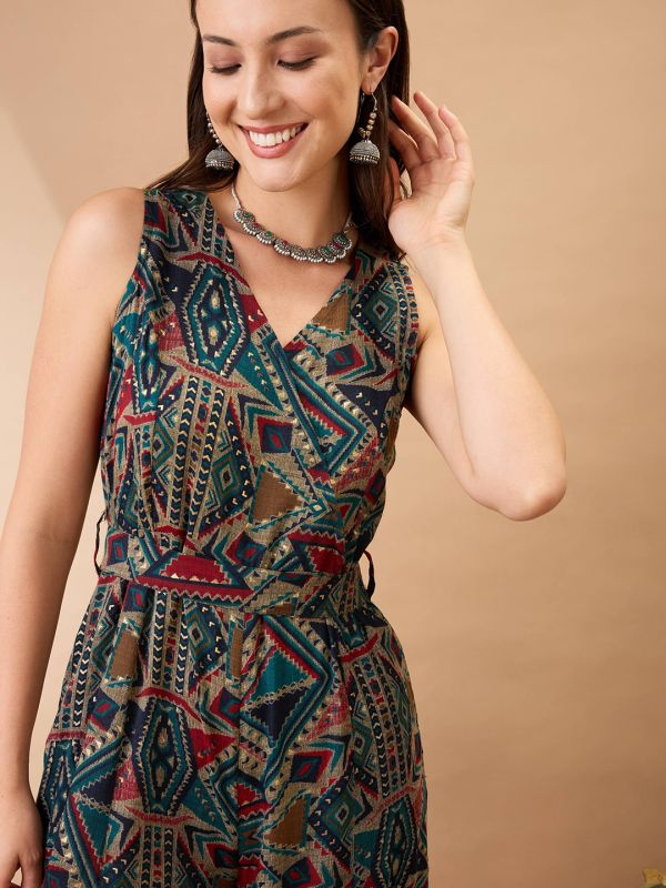 Globus Women Navy Blue Wrap V-Neck Sleeveless Tribal Print Flared Wide Leg Fusion Jumpsuit with Belt