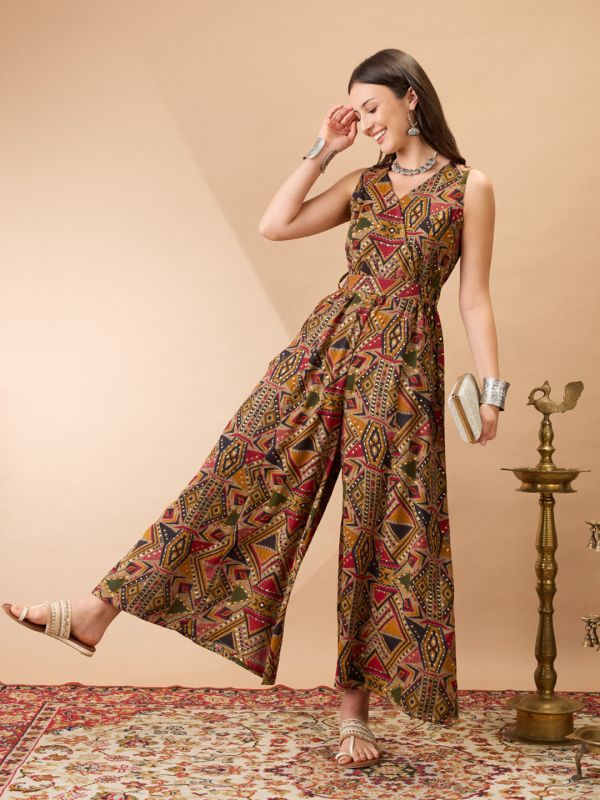 Globus Women Mustard Wrap V-Neck Sleeveless Tribal Print Flared Wide Leg Fusion Jumpsuit with Belt