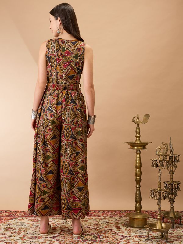 Globus Women Mustard Wrap V-Neck Sleeveless Tribal Print Flared Wide Leg Fusion Jumpsuit with Belt