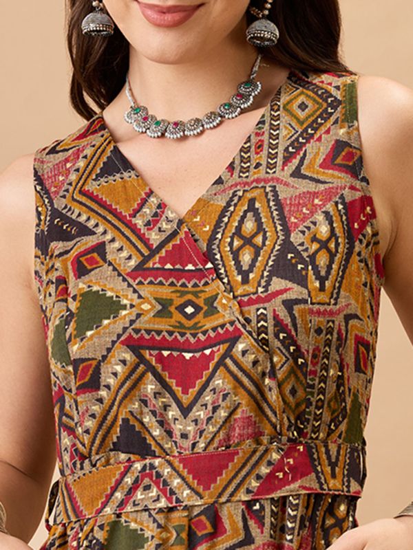 Globus Women Mustard Wrap V-Neck Sleeveless Tribal Print Flared Wide Leg Fusion Jumpsuit with Belt
