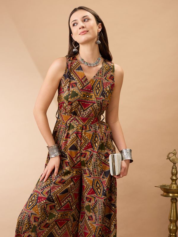 Globus Women Mustard Wrap V-Neck Sleeveless Tribal Print Flared Wide Leg Fusion Jumpsuit with Belt