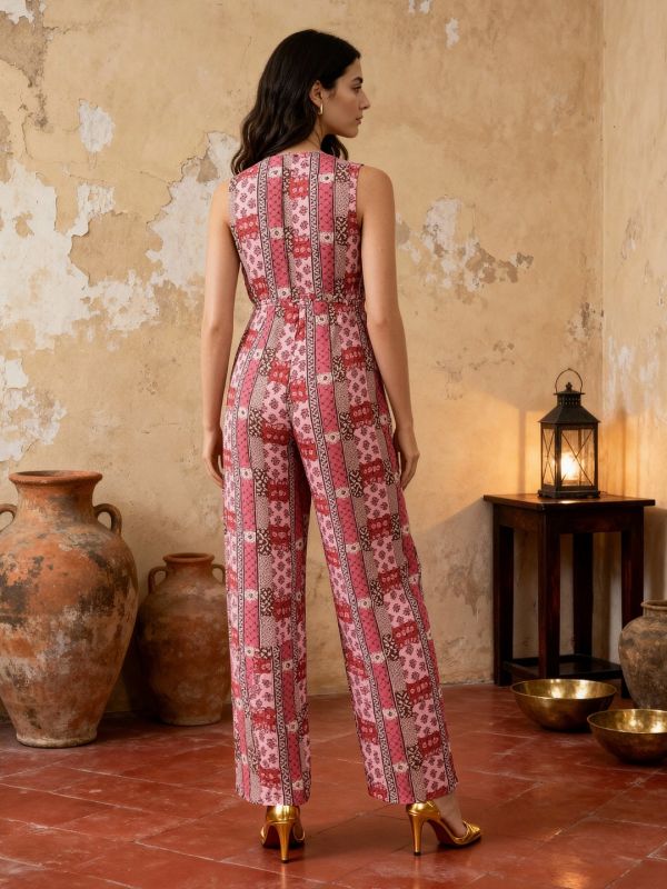 Globus Women Pink Keyhole Neck Sleeveless Ethnic Print Straight Fit Wide Leg Fusion Jumpsuit