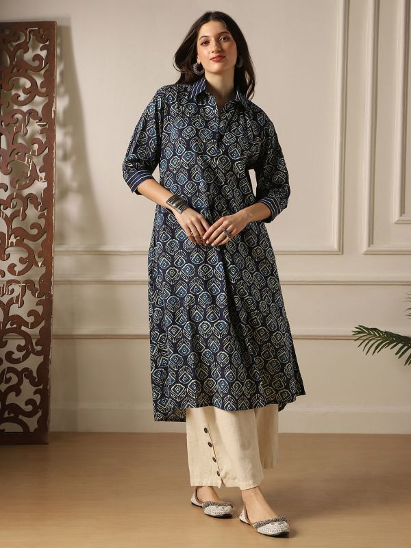 Globus Women Indigo Collared Neck Ethnic Floral Print A-Line Fusion Shirt Style Kurta