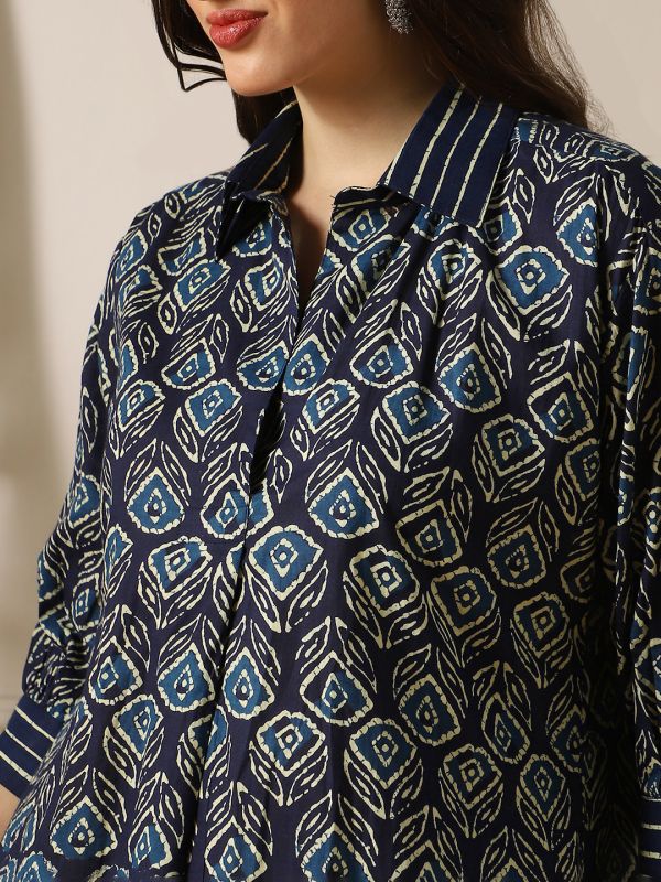 Globus Women Indigo Collared Neck Ethnic Floral Print A-Line Fusion Shirt Style Kurta