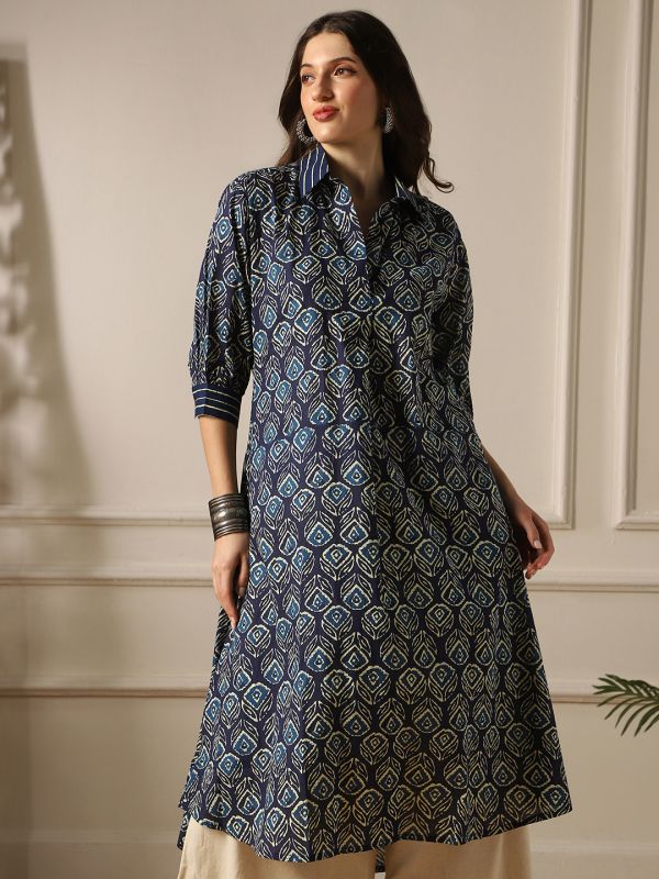 Globus Women Indigo Collared Neck Ethnic Floral Print A-Line Fusion Shirt Style Kurta