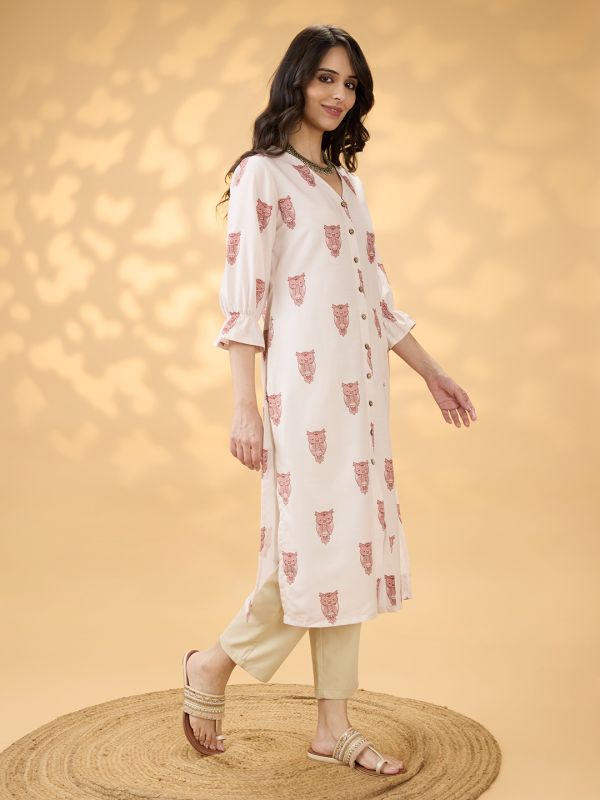 Globus Women Off White V-Neck Animal Print Bishop Sleeves Button Detail Straight Fusion Kurta