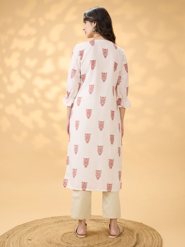 Globus Women Off White V-Neck Animal Print Bishop Sleeves Button Detail Straight Fusion Kurta