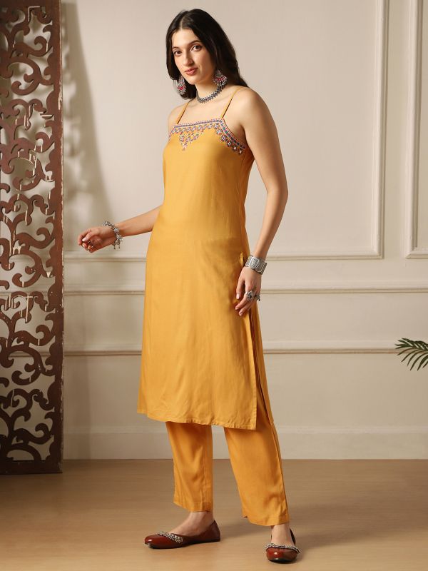 Globus Women Mustard Square Neck Embroidered Detail Strappy Sleeves Straight Kurta & Pant Fusion Set