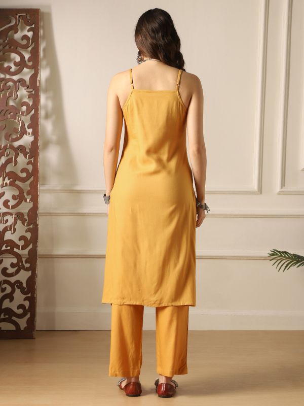 Globus Women Mustard Square Neck Embroidered Detail Strappy Sleeves Straight Kurta & Pant Fusion Set