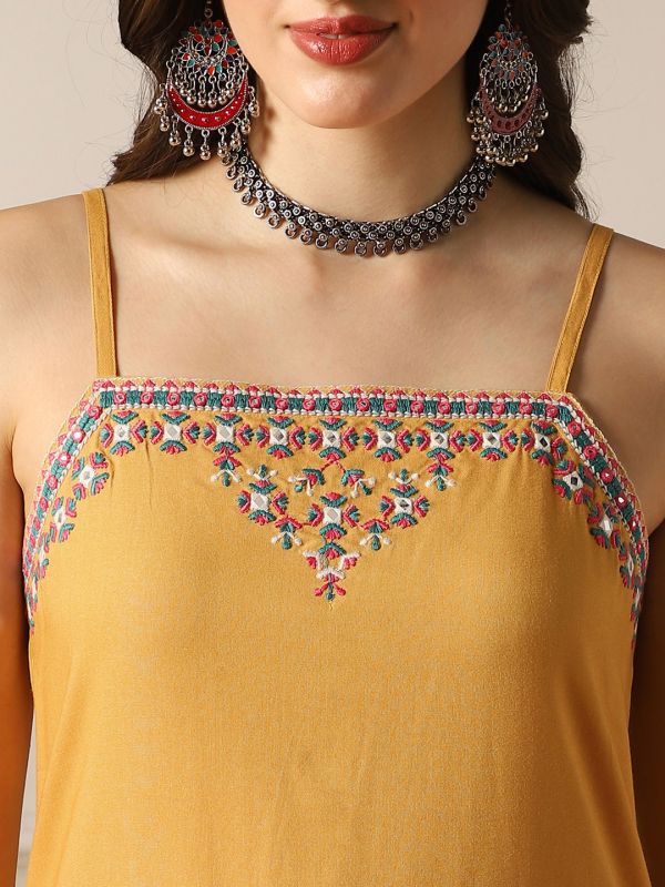 Globus Women Mustard Square Neck Embroidered Detail Strappy Sleeves Straight Kurta & Pant Fusion Set