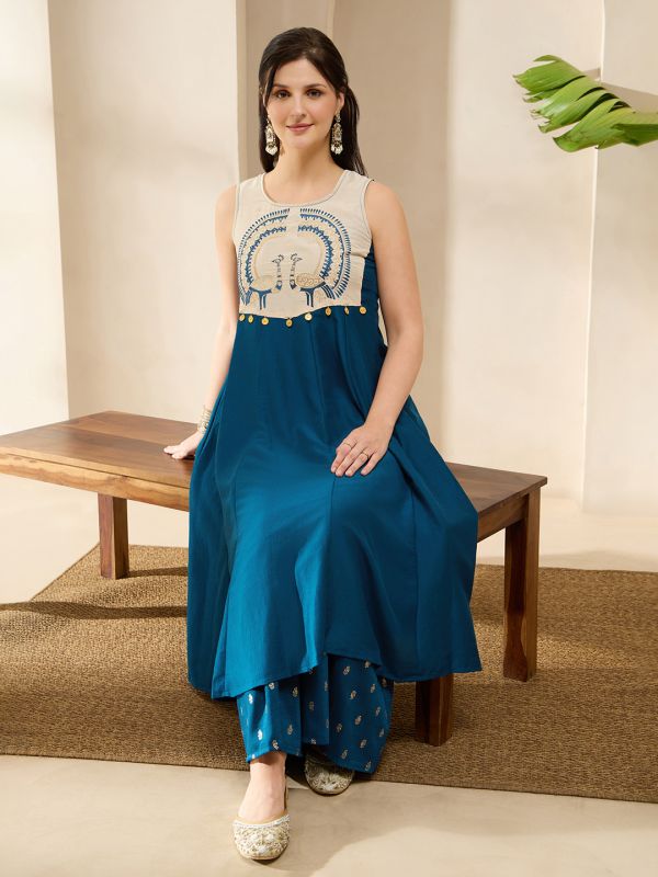 Globus Women Blue Round Neck Embroidered Yoke Coin Detail A-Line Flared Hem Kurta & Foil Printed Palazzo Set
