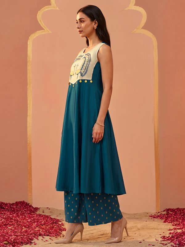 Globus Women Blue Round Neck Embroidered Yoke Coin Detail A-Line Flared Hem Kurta & Foil Printed Palazzo Set