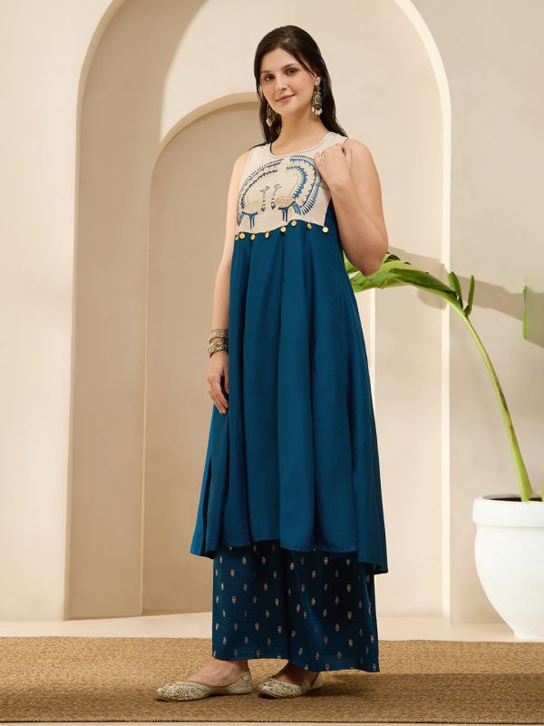 Globus Women Blue Round Neck Embroidered Yoke Coin Detail A-Line Flared Hem Kurta & Foil Printed Palazzo Set