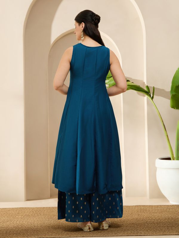 Globus Women Blue Round Neck Embroidered Yoke Coin Detail A-Line Flared Hem Kurta & Foil Printed Palazzo Set