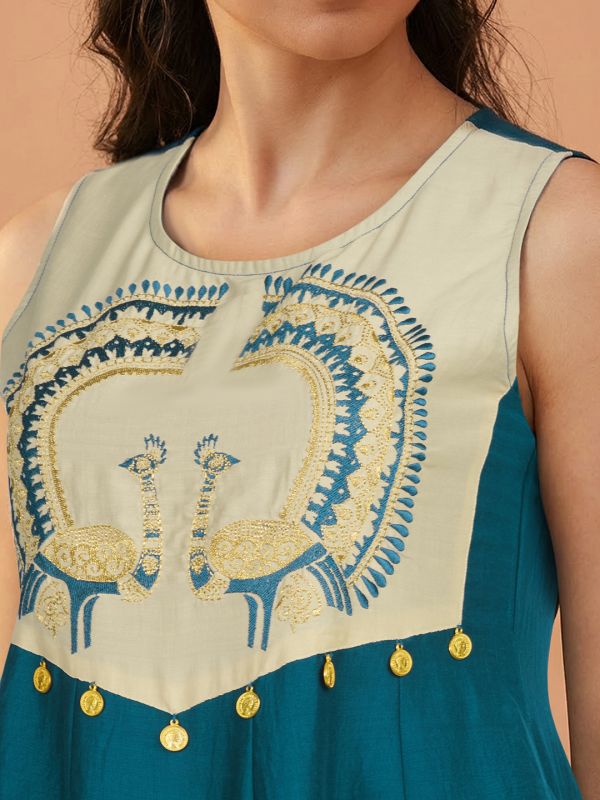 Globus Women Blue Round Neck Embroidered Yoke Coin Detail A-Line Flared Hem Kurta & Foil Printed Palazzo Set