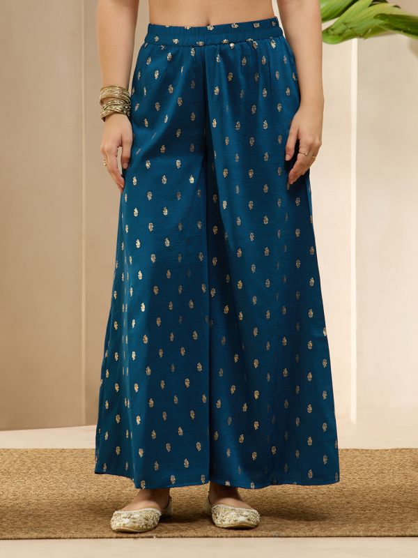 Globus Women Blue Round Neck Embroidered Yoke Coin Detail A-Line Flared Hem Kurta & Foil Printed Palazzo Set