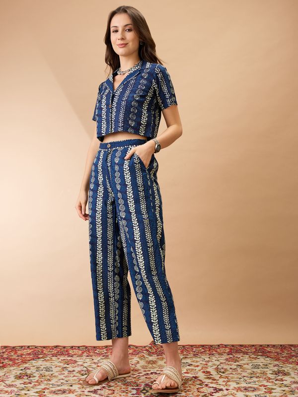 Globus Women Indigo Ethnic Print Notch Lapel Crop Shirt With Straight Pant Co-ords Set