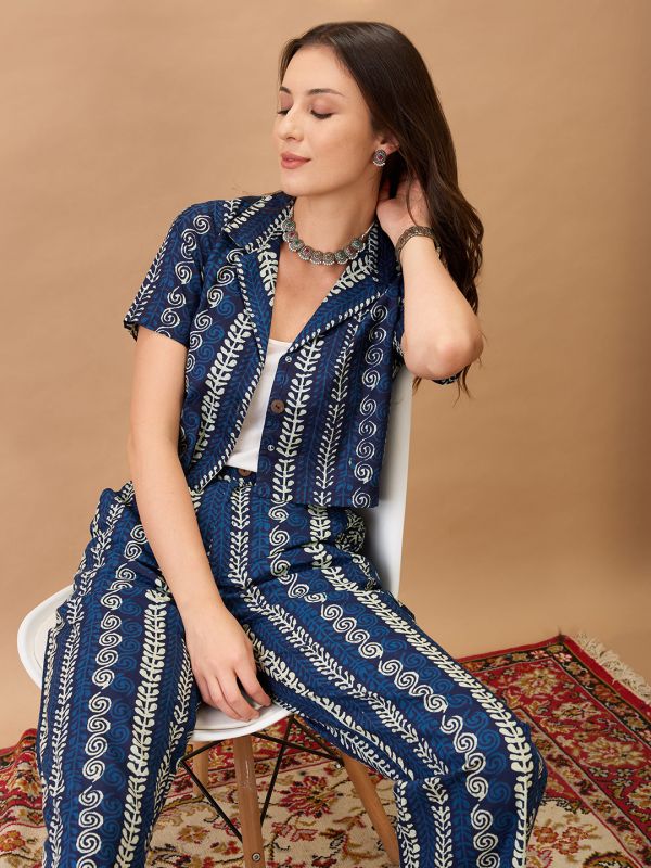 Globus Women Indigo Ethnic Print Notch Lapel Crop Shirt With Straight Pant Co-ords Set