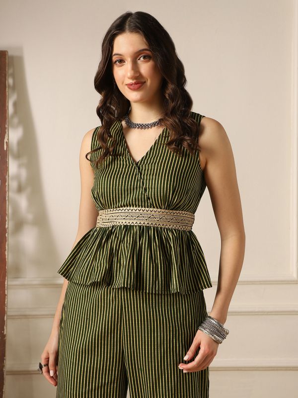 Globus Women Olive V-Neck Striped Peplum Top & Bell Bottom Pants Fusion Co-Ord Set