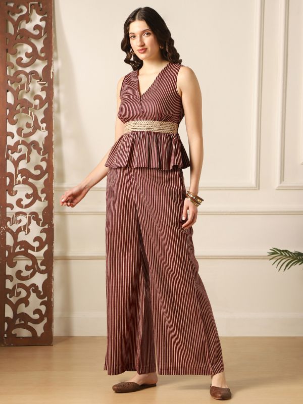 Globus Women Burgundy V-Neck Striped Peplum Top & Bell Bottom Pants Fusion Co-Ord Set