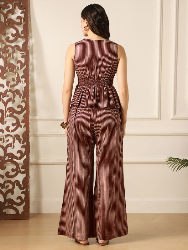 Globus Women Burgundy V-Neck Striped Peplum Top & Bell Bottom Pants Fusion Co-Ord Set
