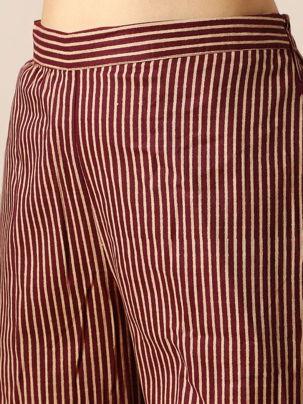 Globus Women Burgundy V-Neck Striped Peplum Top & Bell Bottom Pants Fusion Co-Ord Set