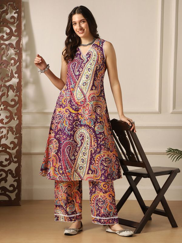 Globus Women Purple Paisley Ethnic Print Lace Detail V-Neck Sleeveless A-Line Kurta & Pant Fusion Set