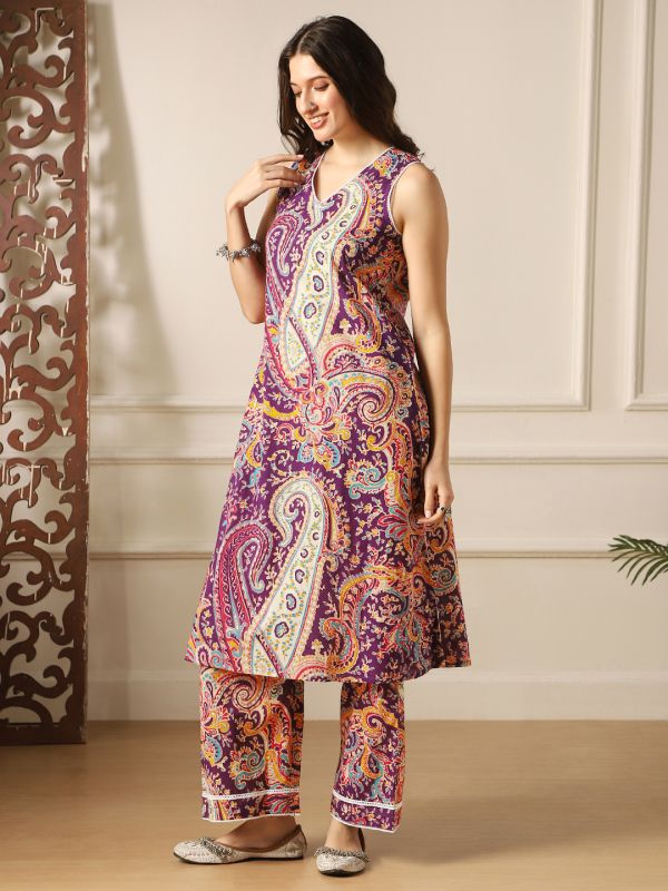 Globus Women Purple Paisley Ethnic Print Lace Detail V-Neck Sleeveless A-Line Kurta & Pant Fusion Set