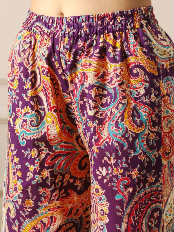 Globus Women Purple Paisley Ethnic Print Lace Detail V-Neck Sleeveless A-Line Kurta & Pant Fusion Set