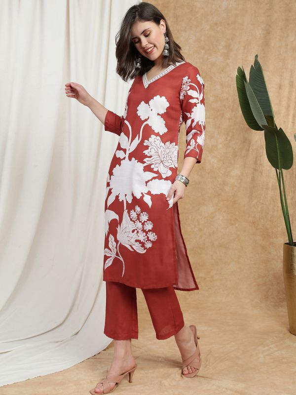 Globus Women Rust V-Neck Floral Print Lace Insert Straight Kurta & Pant Fusion Set