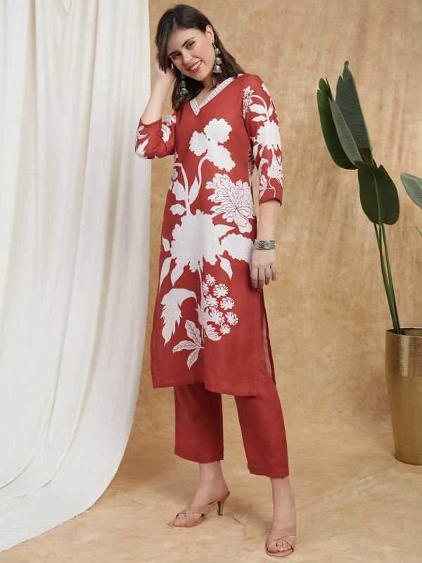 Globus Women Rust V-Neck Floral Print Lace Insert Straight Kurta & Pant Fusion Set