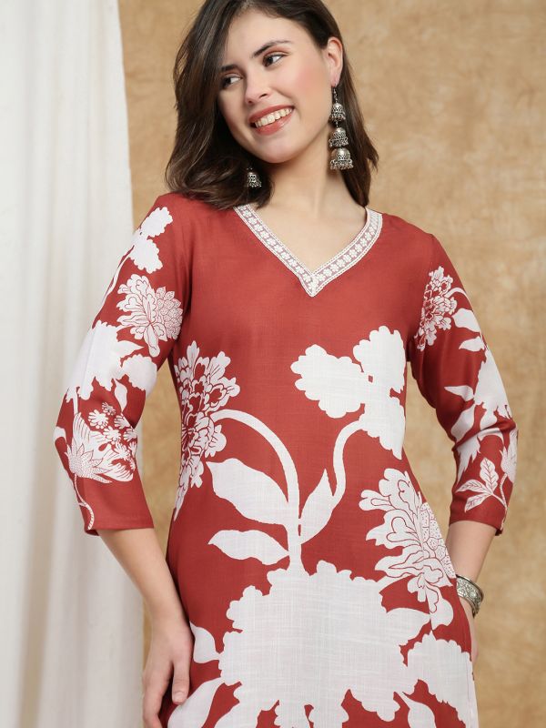 Globus Women Rust V-Neck Floral Print Lace Insert Straight Kurta & Pant Fusion Set