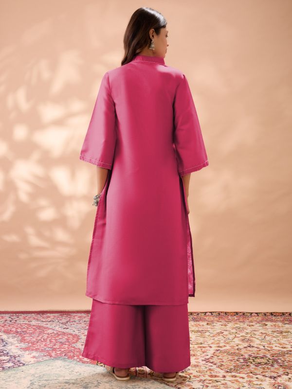Globus Women Pink Gond Animal Print V-Neck Bell Sleeves Straight Kurta & Wide Leg Pant Set