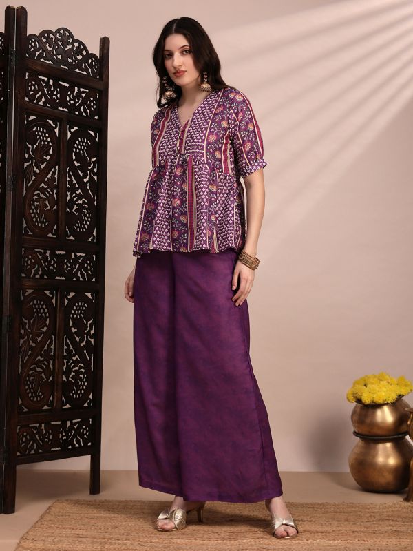 Globus Women Purple Ethnic Print V-Neck Gathered Detail Tunic & Mid Rise Wide Leg Trouser Fusion Co-Ord Set